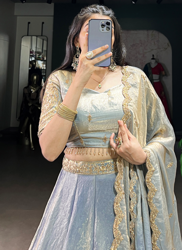 Attractive Organza Zari Embroidered Sky Blue Lehenga Choli For Wedding